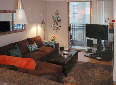 modern living room of fully furnished, short-term rental suite in Vancouver's Yaletown